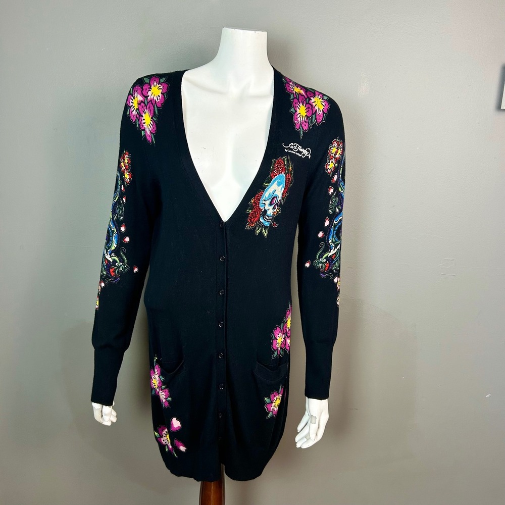 Ed Hardy sweater cardigan women's XL tattoo Dragon‎ Hearts Y2k Longline Moto